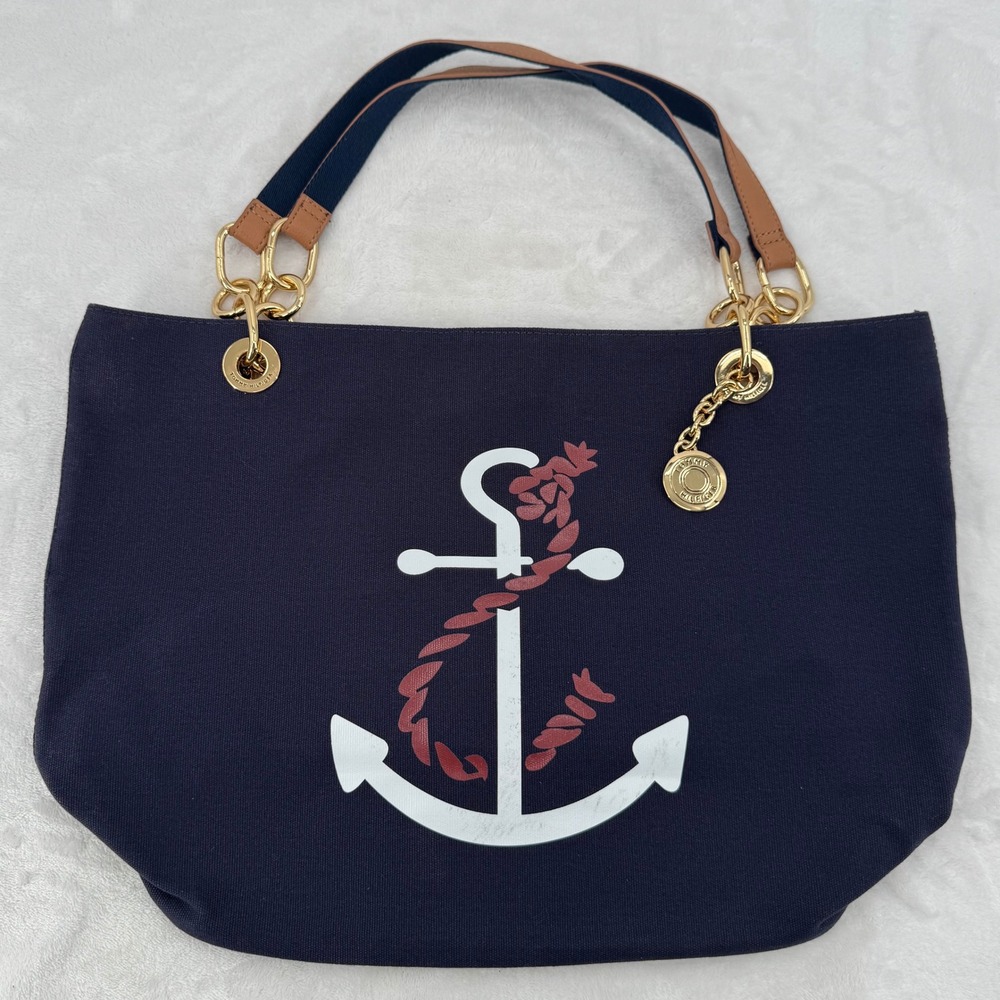 Tommy Hilfiger Canvas Anchor Nautical Tote Bag Navy W/ Gold Accents NWOT